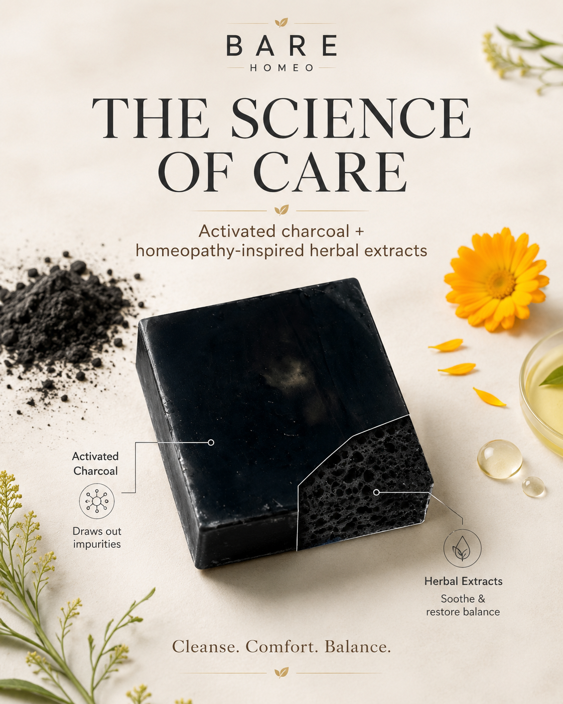 Bare Homeo Charcoal Purify Bath Bar | Activated Charcoal Glycerin Soap | 100 g